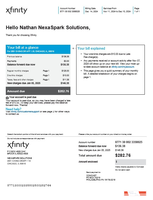 USA XFINITY business utility bill Word and PDF template PSD template